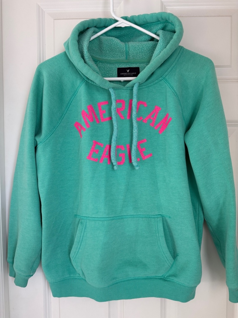 American Eagle Mint Green Hoodie with Hot Pink Logo